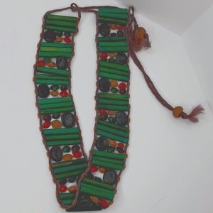 1970's BOHO Belt Bamboo Natural Painted Rods Nuts Beads Rope